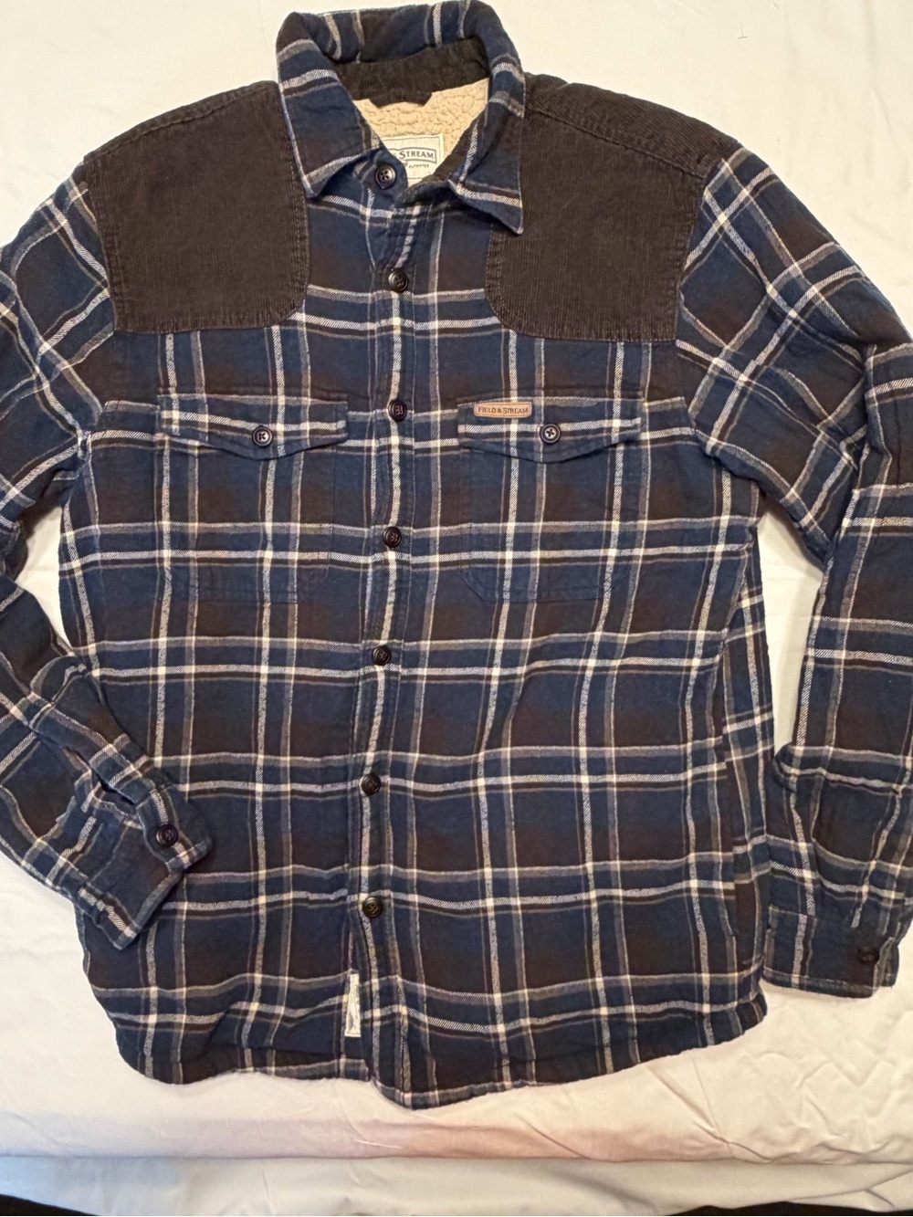 Field and Stream Plaid Flannel Sherpa lined  button up Jacket - Blue/Brown M